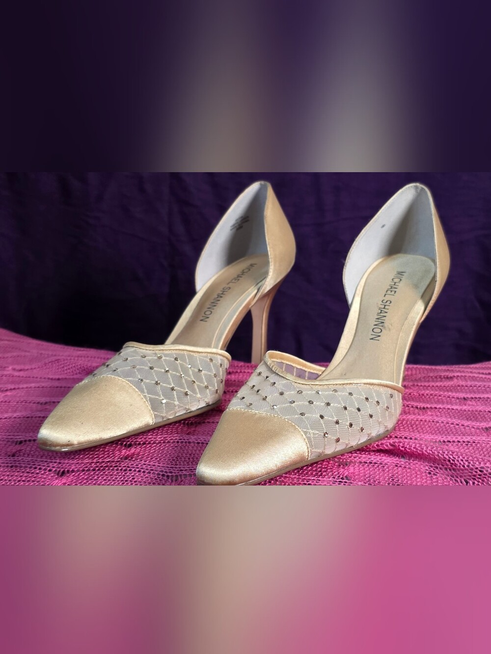 Michael Shannon Silvia Champagne Rhinestone Mesh D'Orsay Heels 8.5M